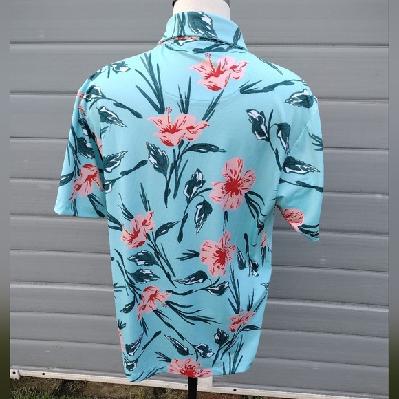 Bad Birdie Never Lei Up Floral Golf Polo Shirt Mens M Teal Hawaiian - Picture 4 of 8